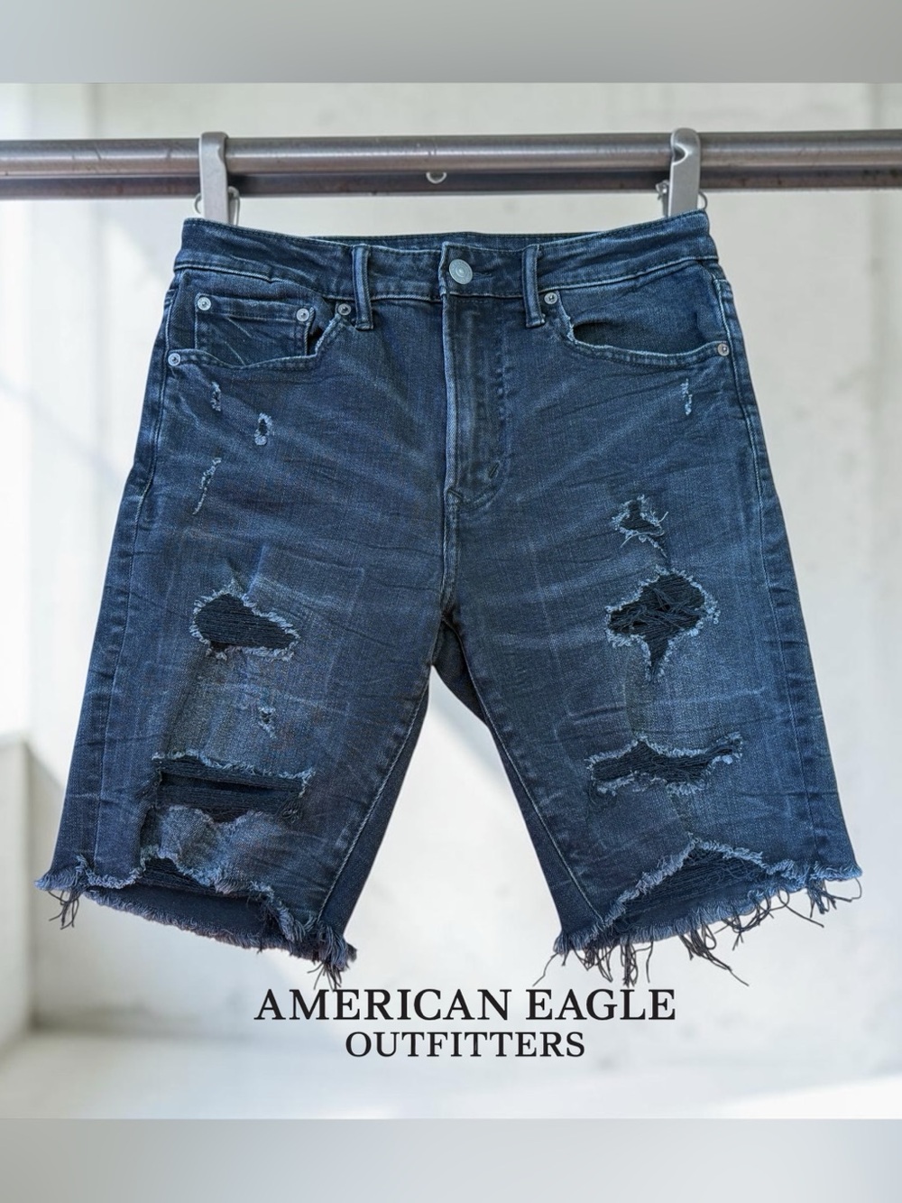 American Eagle Outfitters, Next Level Flex Black Distressed Denim Shorts Size 31